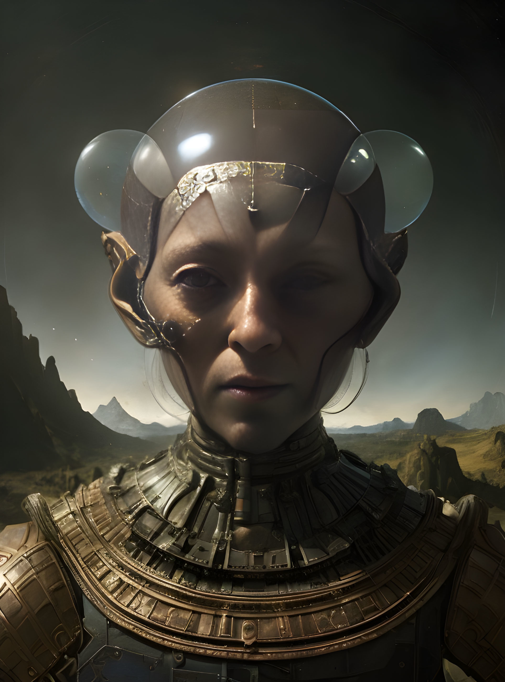 Futuristic humanoid in armor against rocky backdrop