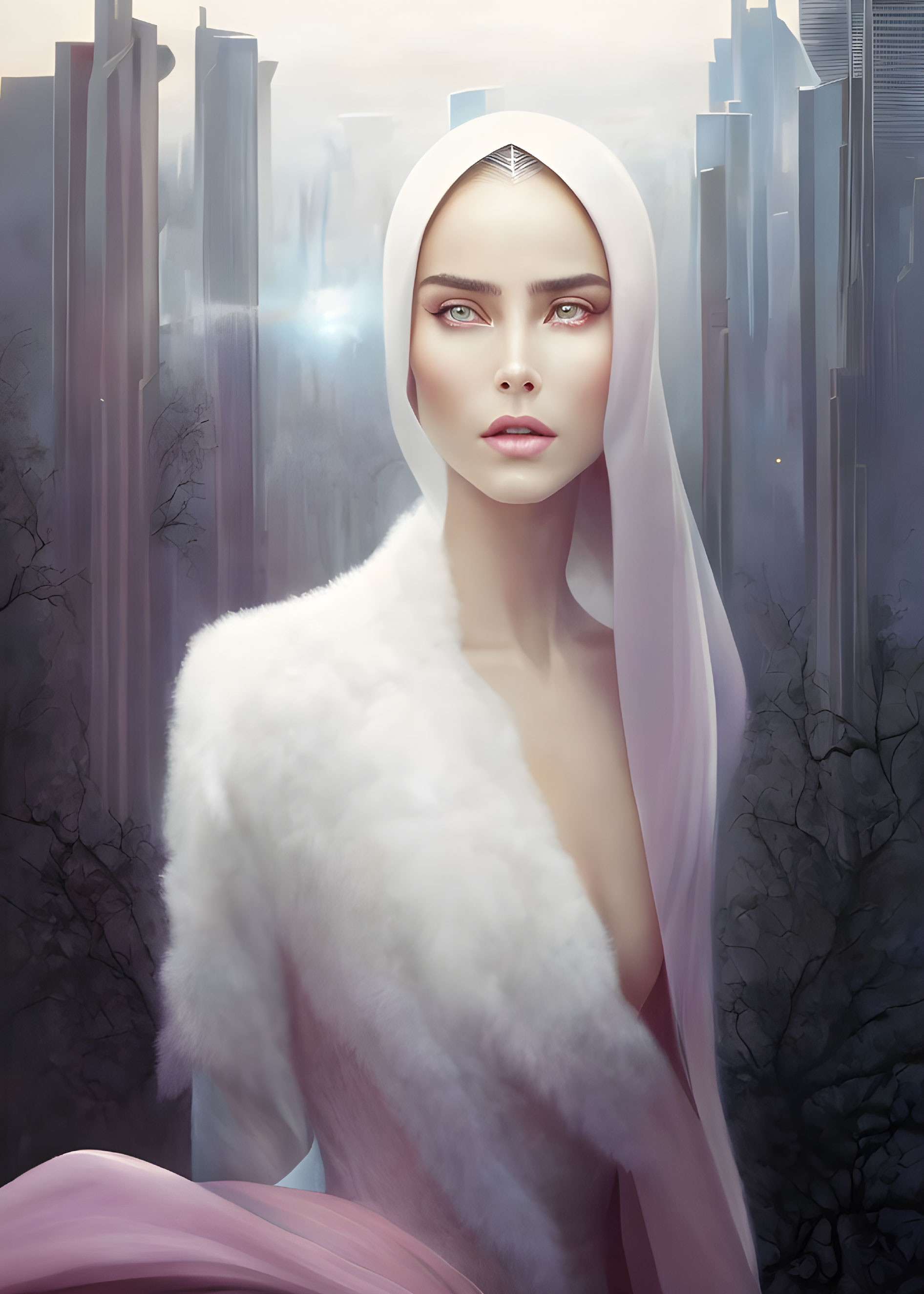 Digital artwork: Woman with blue eyes in headscarf and fur shawl against futuristic cityscape.