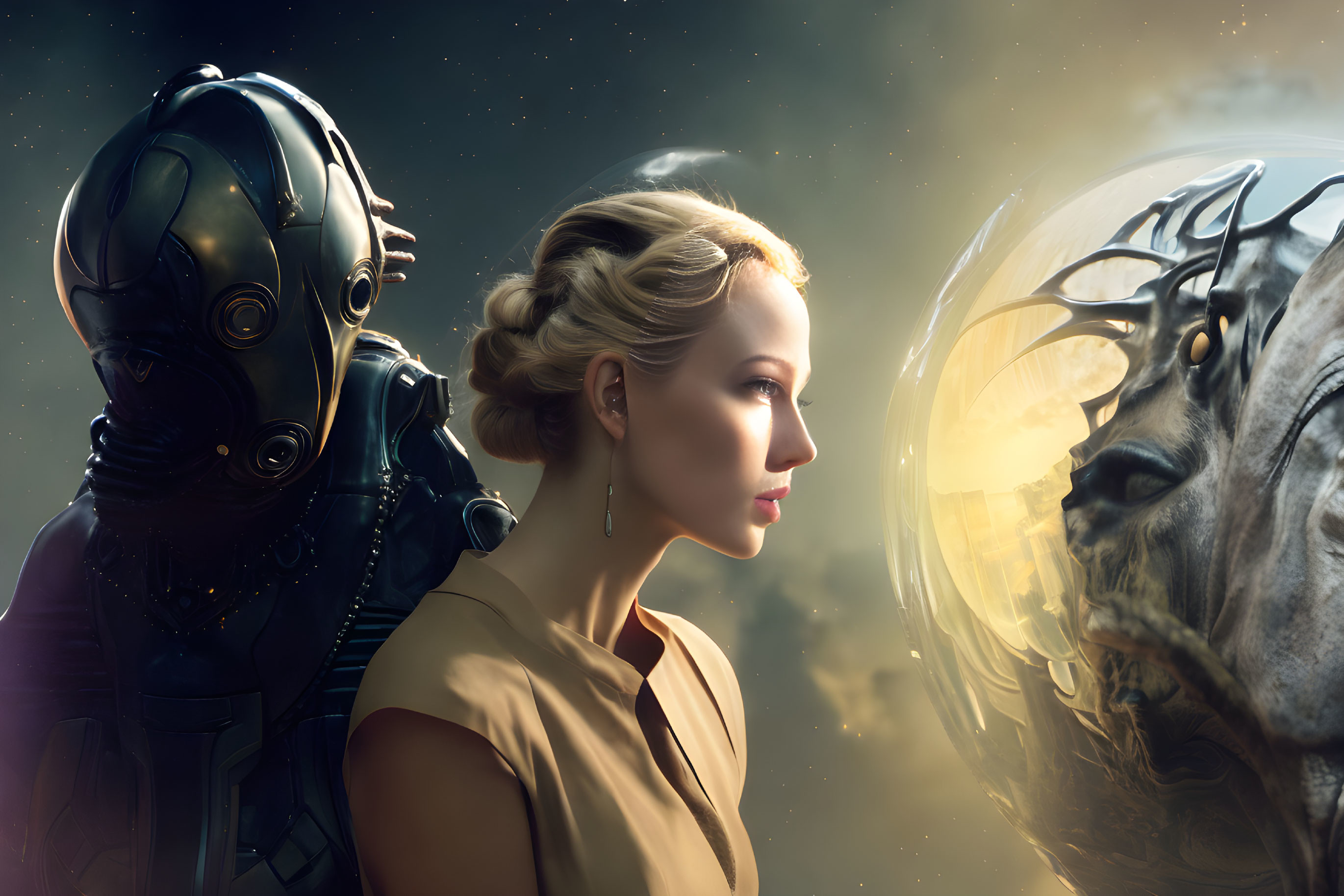 Futuristic woman in helmet with alien creature and robot in cosmic scene