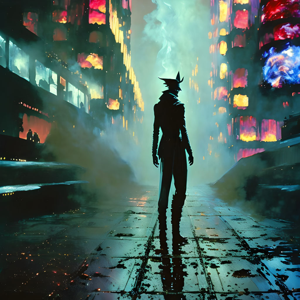 Silhouette of figure in trench coat and hat in neon-lit futuristic cityscape