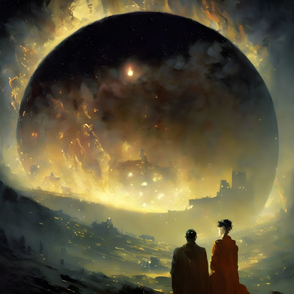 Silhouetted figures gazing at large celestial body over fiery landscape