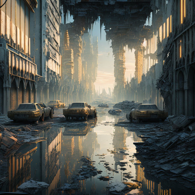 Dystopian cityscape: flooded streets, dilapidated buildings, abandoned cars