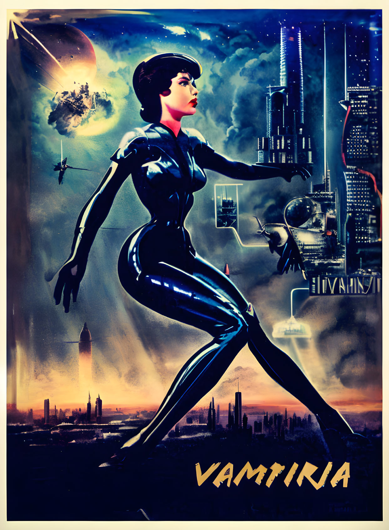 Retro-futuristic poster with female character in sleek outfit and futuristic cityscape.