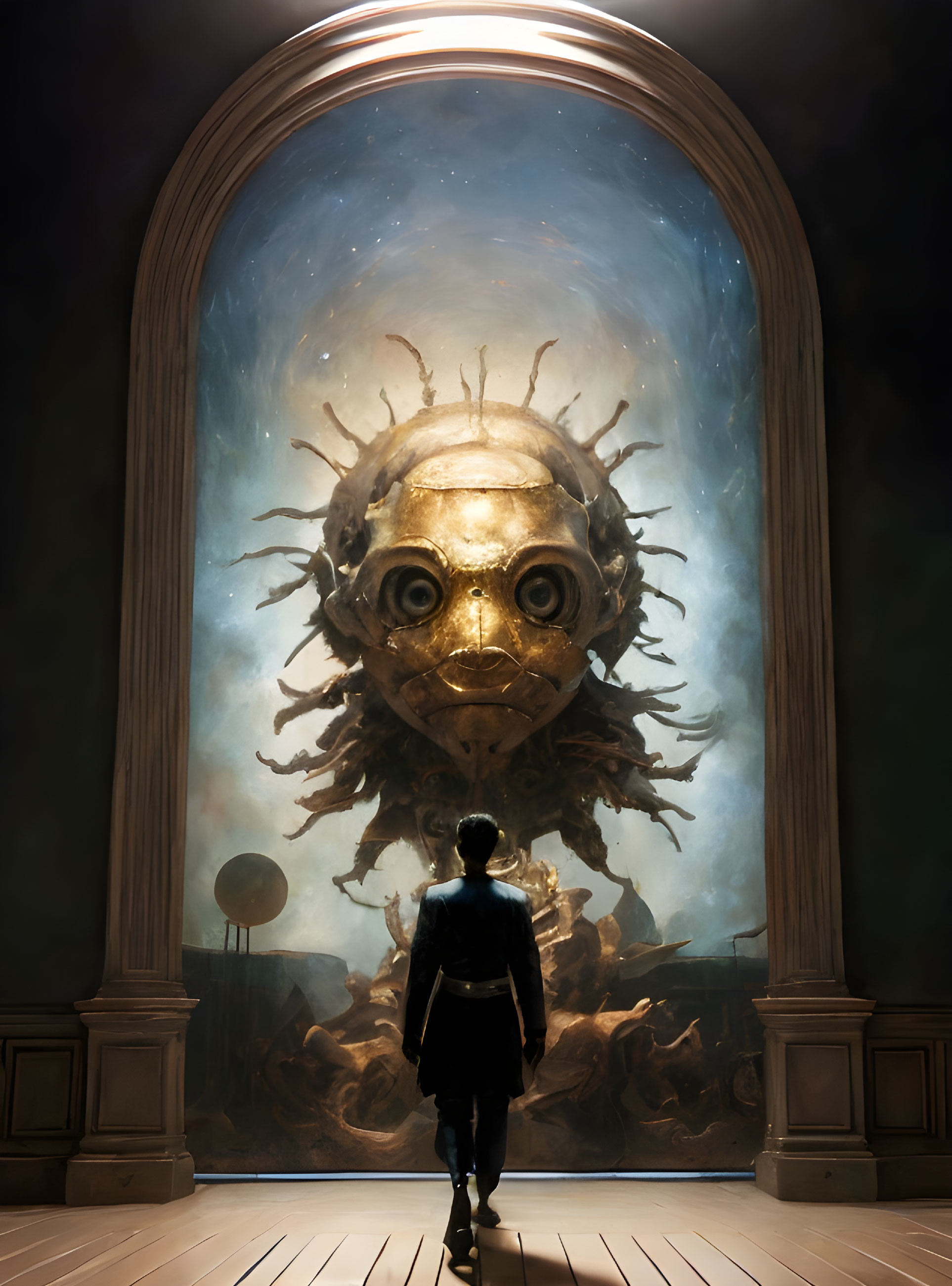 Surreal golden head with multiple eyes and tendrils in cosmic archway