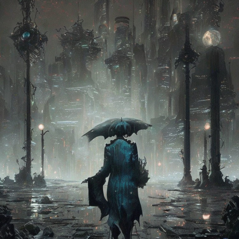 Person with umbrella in rainy dystopian cityscape.