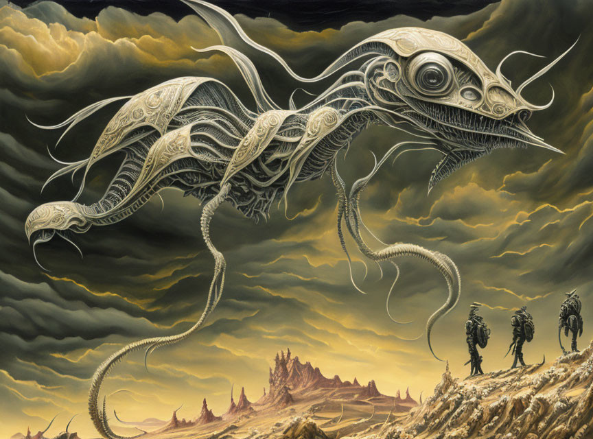 Intricate alien dragon above barren landscape with humanoid figures