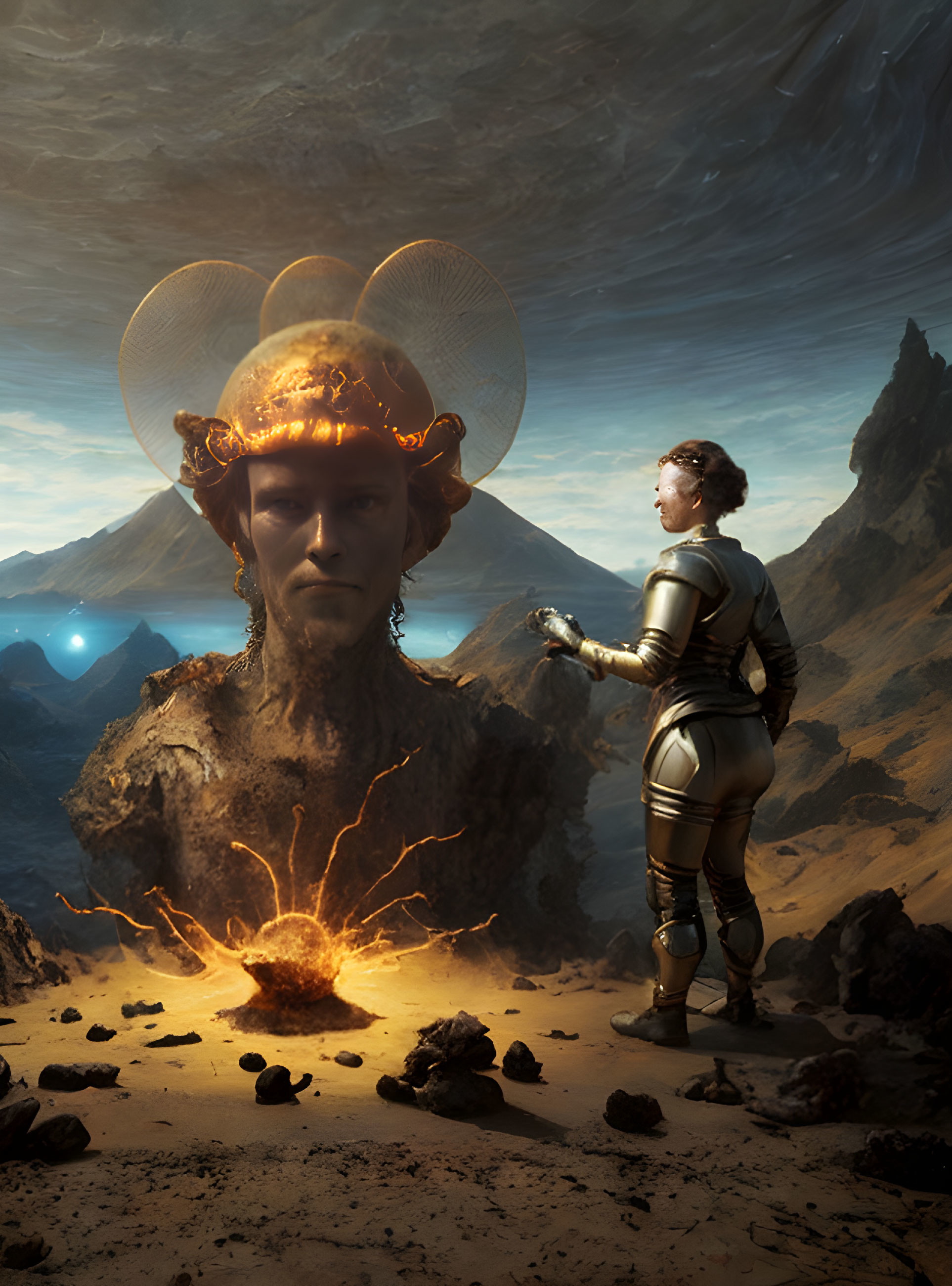 Giant humanoid face and brain structure in surreal alien landscape