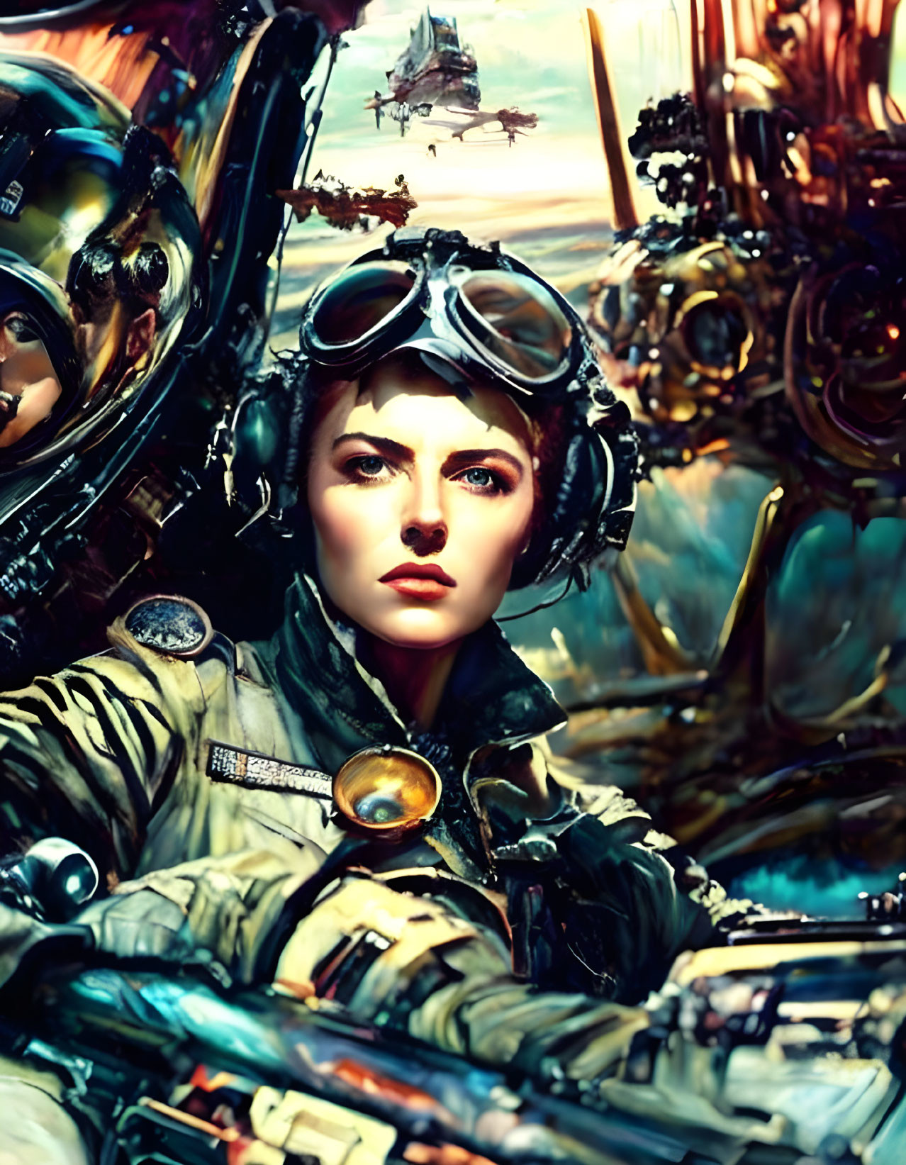 Futuristic pilot in aviator goggles and sci-fi setting.