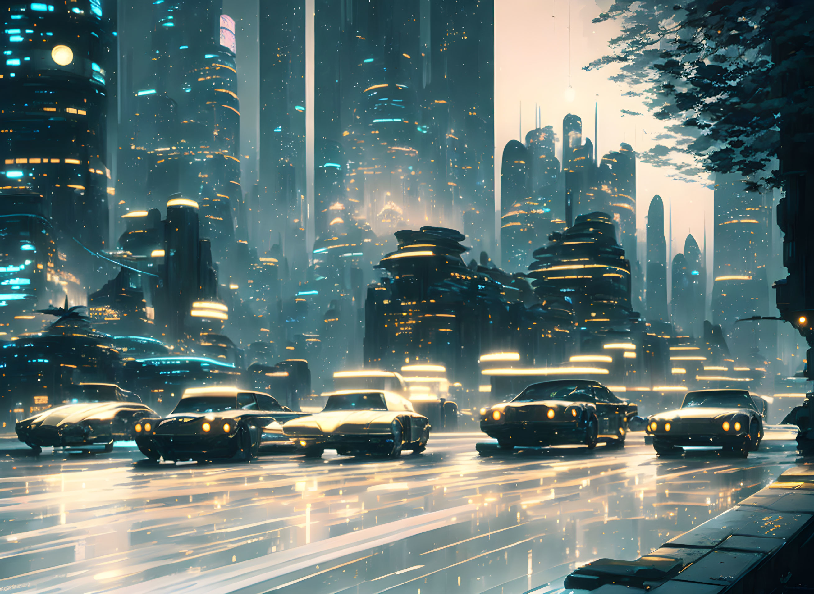 Futuristic night cityscape with flying vehicles and neon-lit skyscrapers