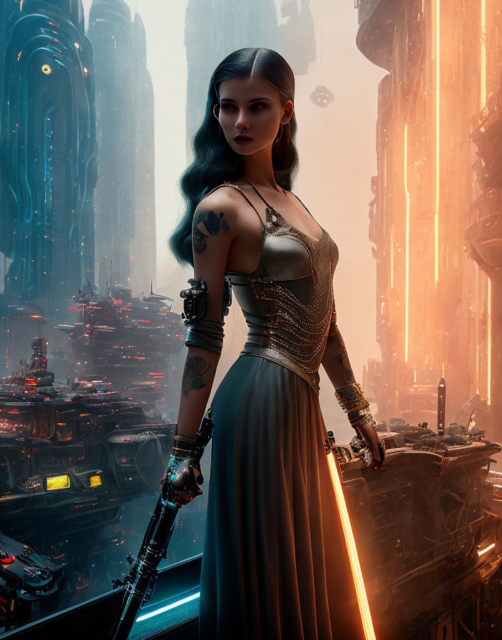 Cybernetic arm woman in metallic dress against futuristic cityscape at dusk