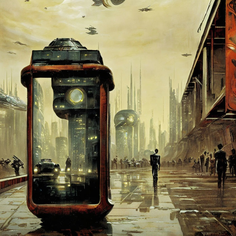 Futuristic cityscape with skyscrapers, spacecraft, phone booth, and people walking.