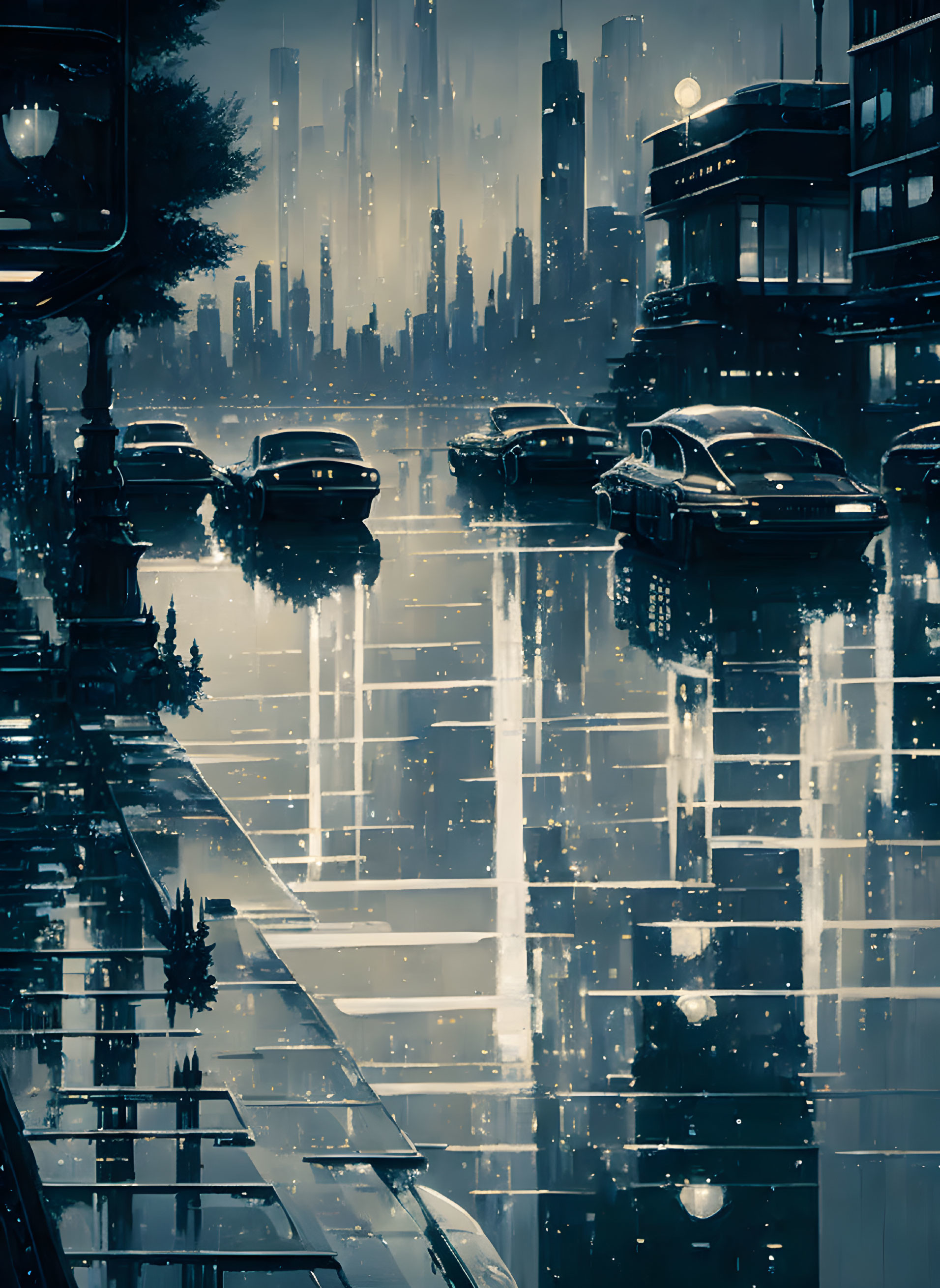 Urban night scene with reflective wet streets, cars, and futuristic vibe.