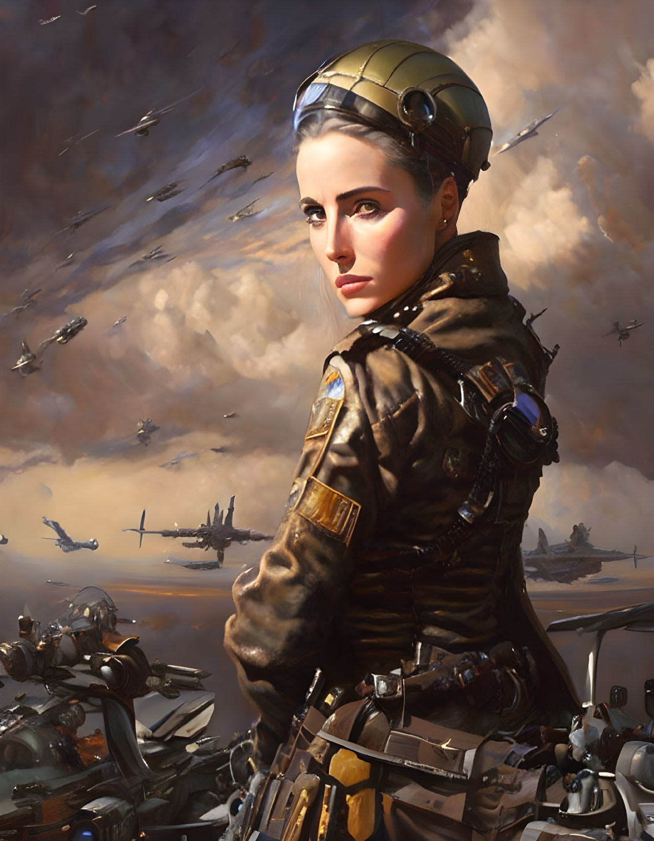 Female pilot in WWII uniform with vintage aircraft in dramatic sky