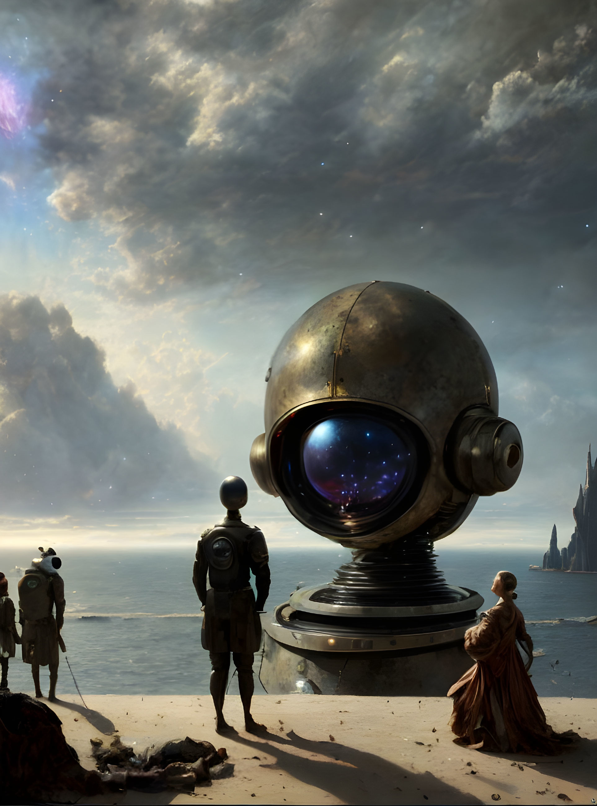 Group of individuals in surreal alien landscape with large futuristic device and vast sky.