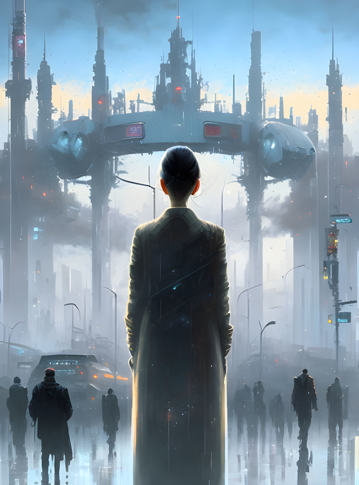 Woman in coat gazes at futuristic cityscape with towering structures and flying vehicles.