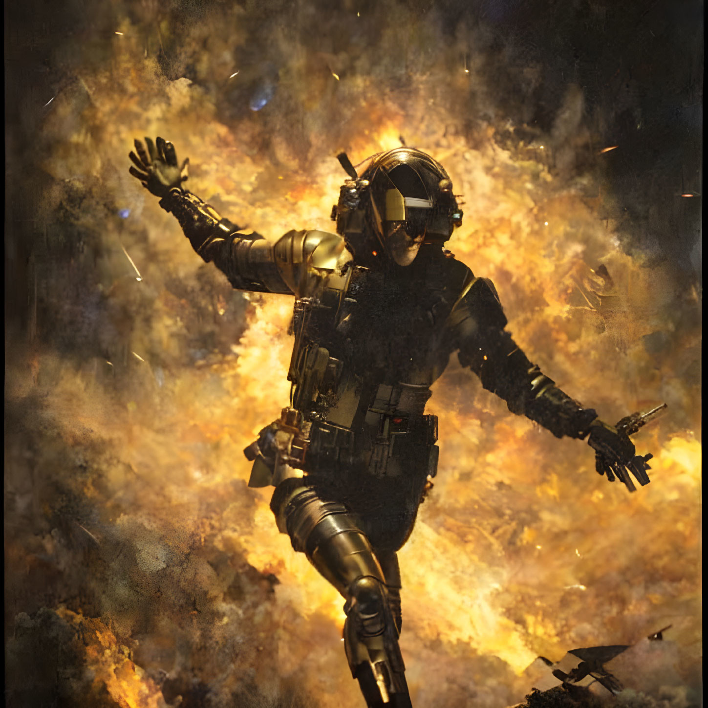 Astronaut in space suit amidst fiery explosions and debris.