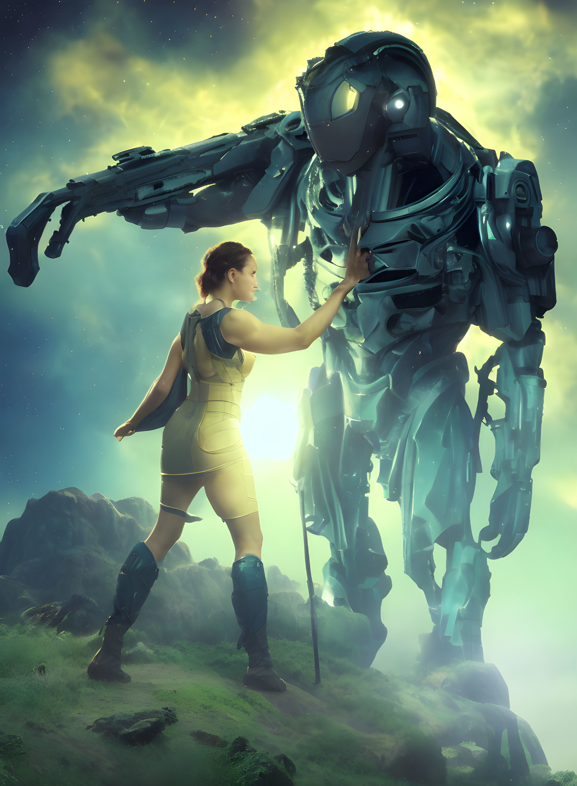 Futuristic woman with mech on rocky terrain under green sky