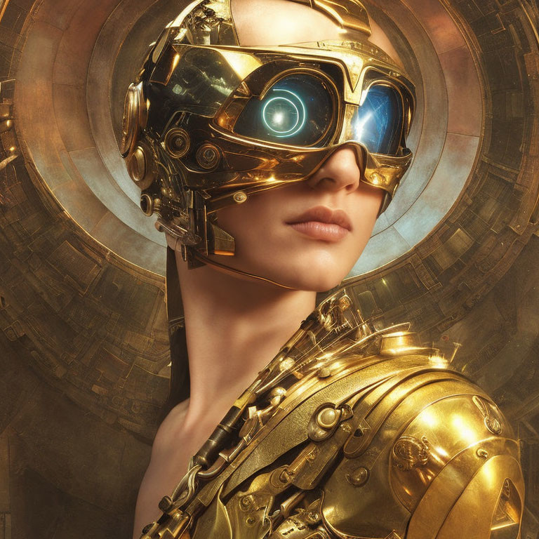 Futuristic person in golden helmet and armor against mechanical backdrop