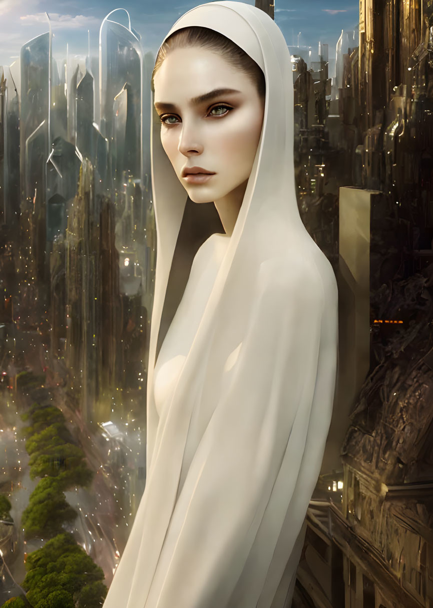 Striking woman in white hooded garment against futuristic cityscape