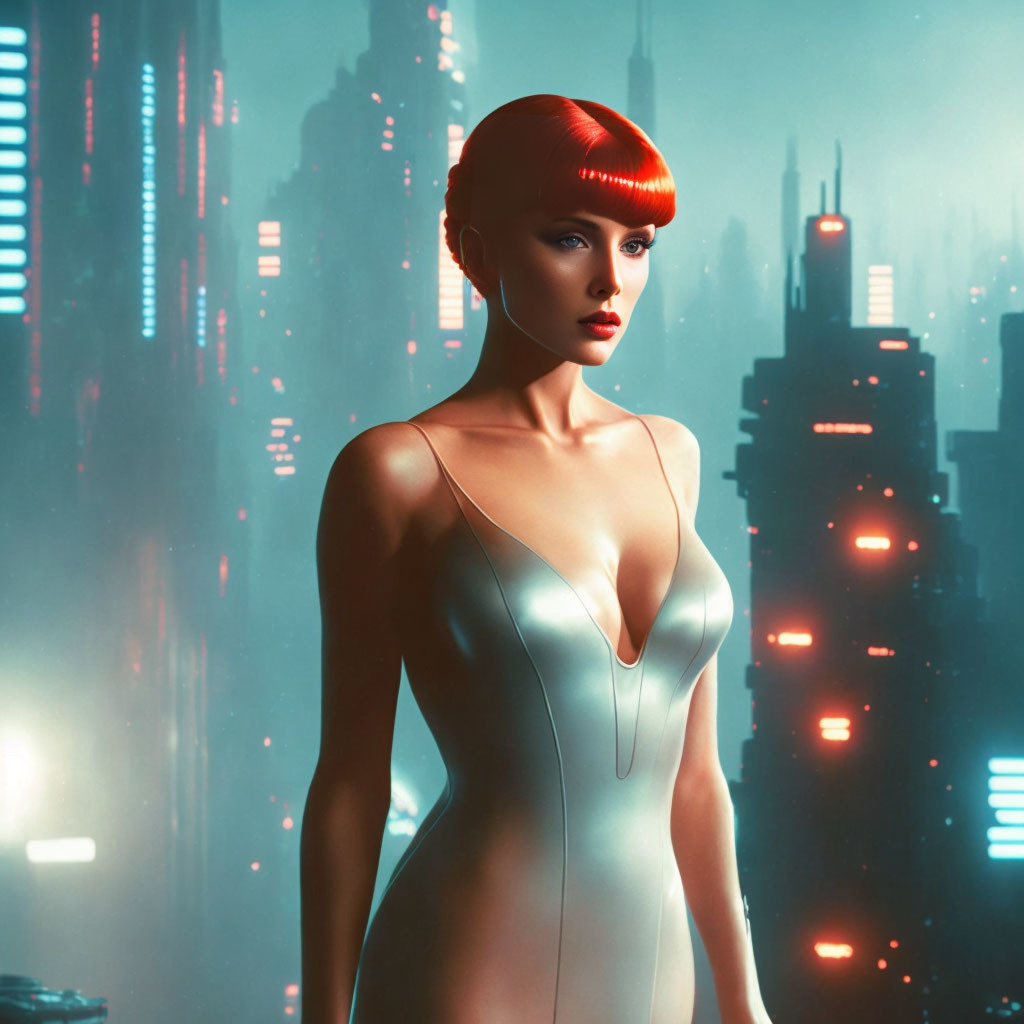 Futuristic woman with red hair in silver suit in neon cityscape at dusk