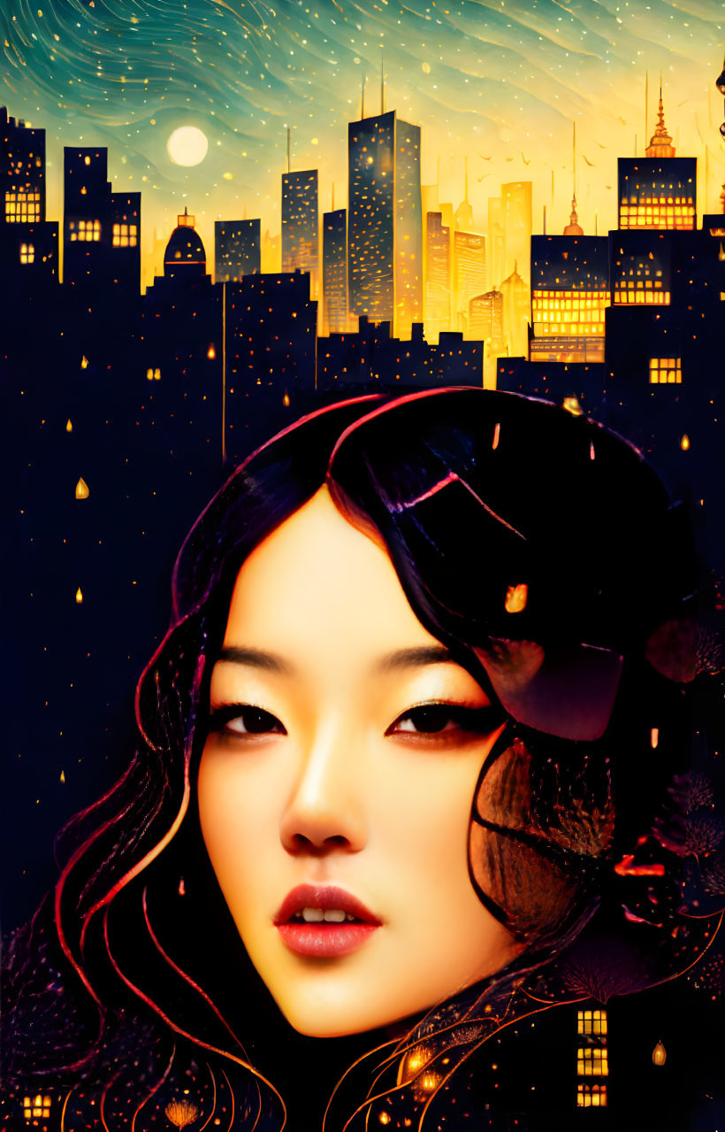 Stylized portrait of a woman against night cityscape and stars