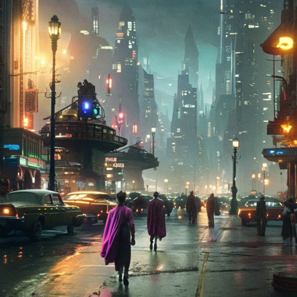 Futuristic city street with two figures in trench coats