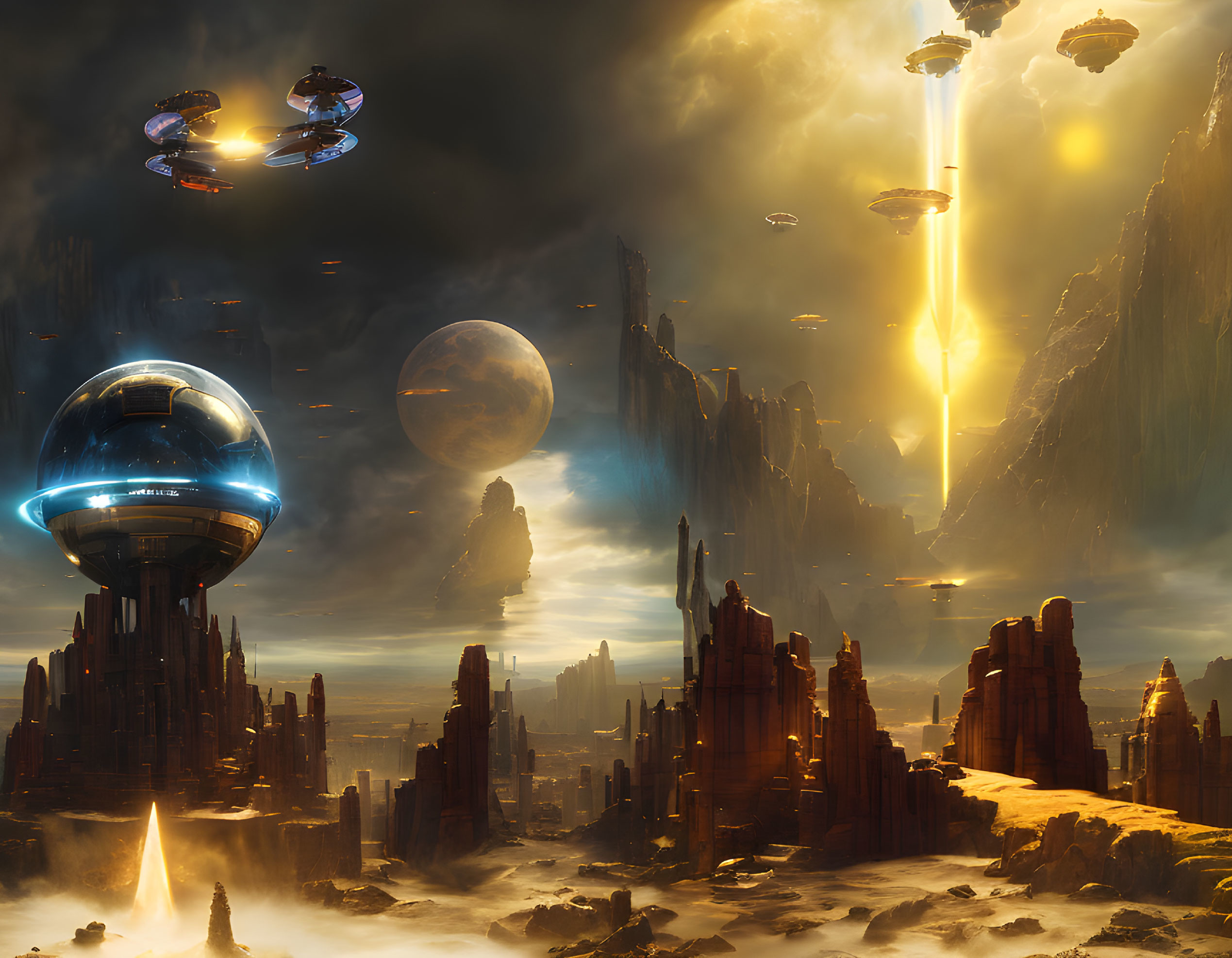 Futuristic cityscape with towering spires and flying vehicles against moonlit rock formations