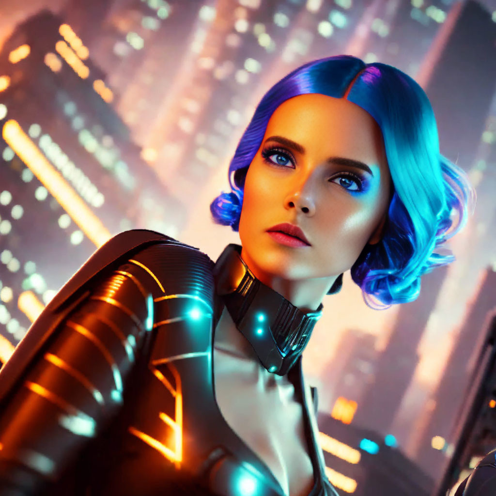 Blue-haired woman in futuristic black suit against cityscape at night