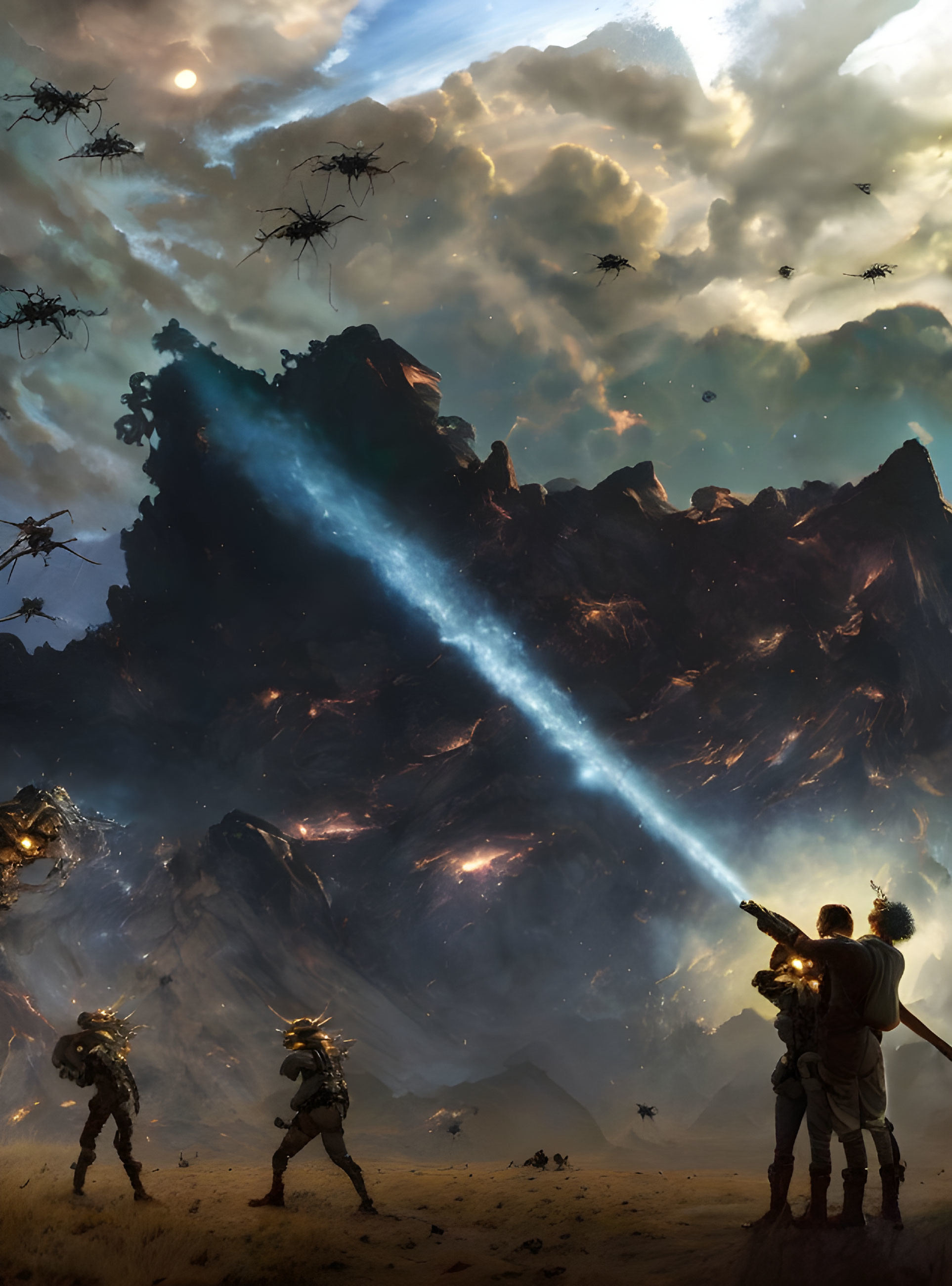 Futuristic soldiers watch giant insect creatures near mountain under dramatic sky