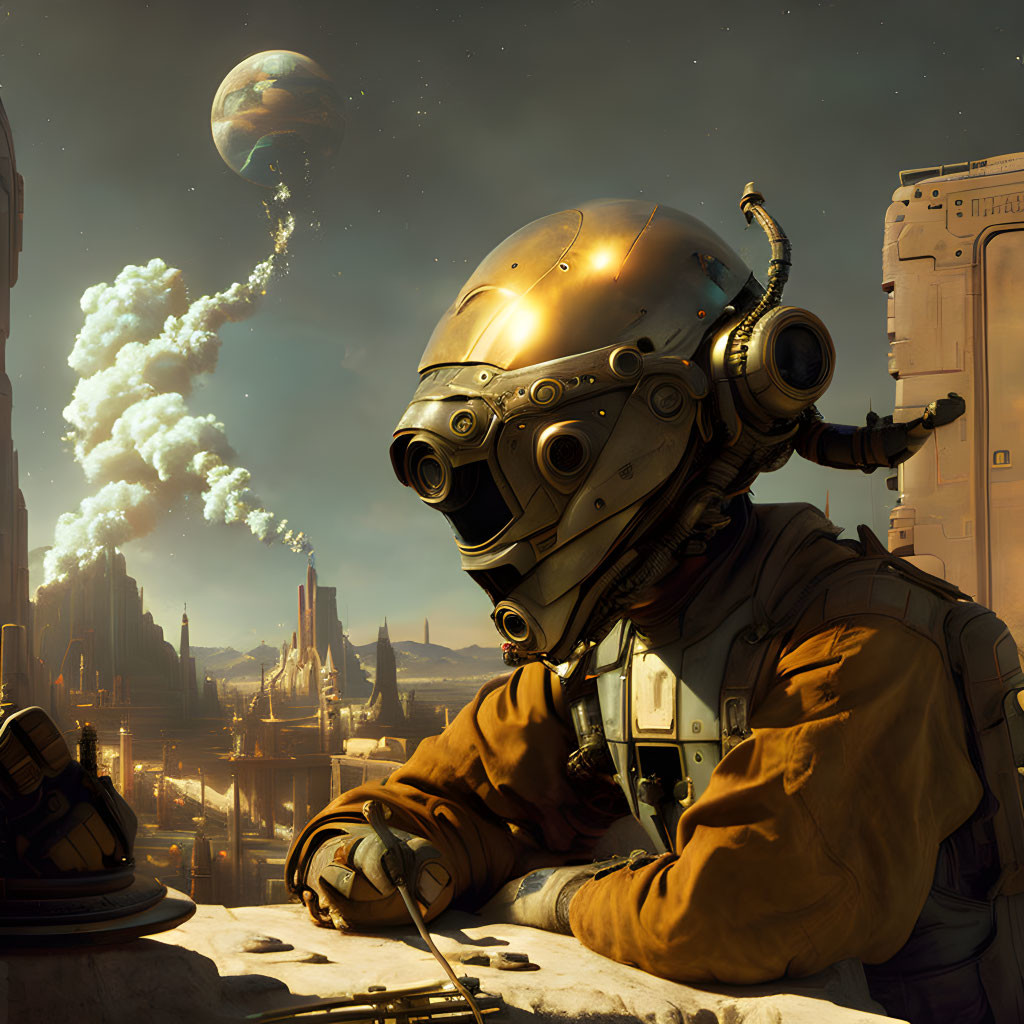 Astronaut in Brass Helmet Contemplates in Futuristic Cityscape