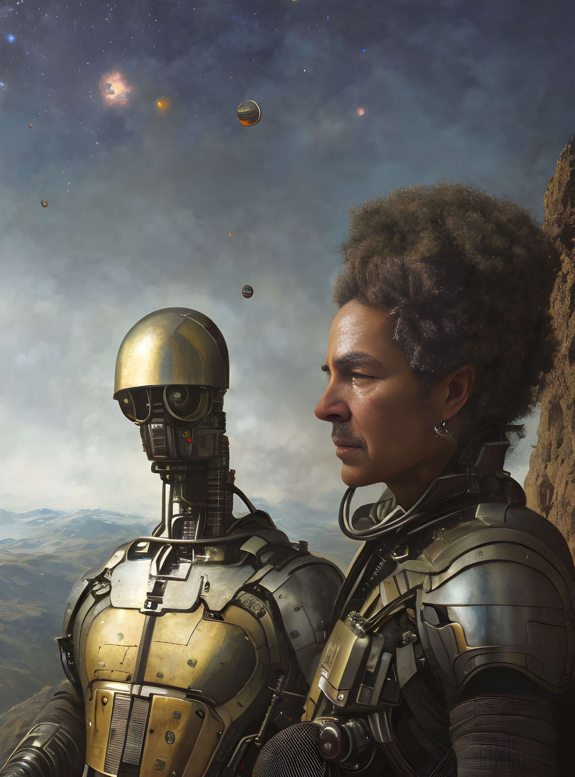 Person with Afro and futuristic earpiece beside golden-headed robot under starry sky.