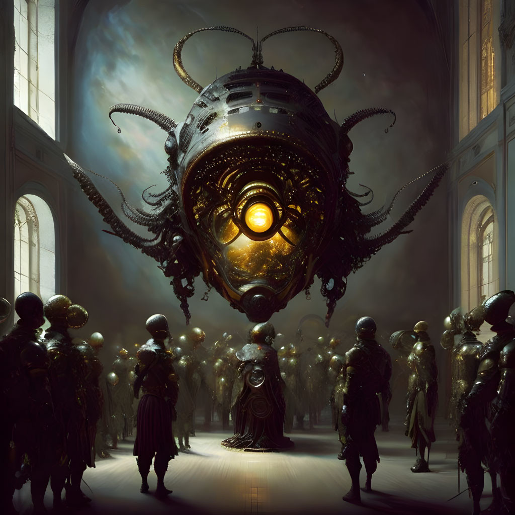 Intricate mechanical octopus surrounded by uniformed figures in grand hall