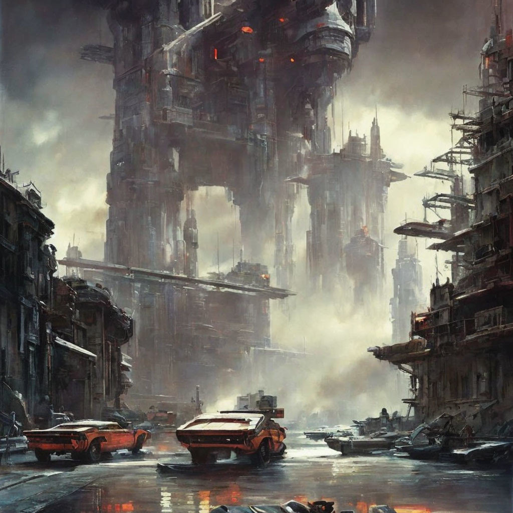 Futuristic cityscape with towering structures and flying vehicles