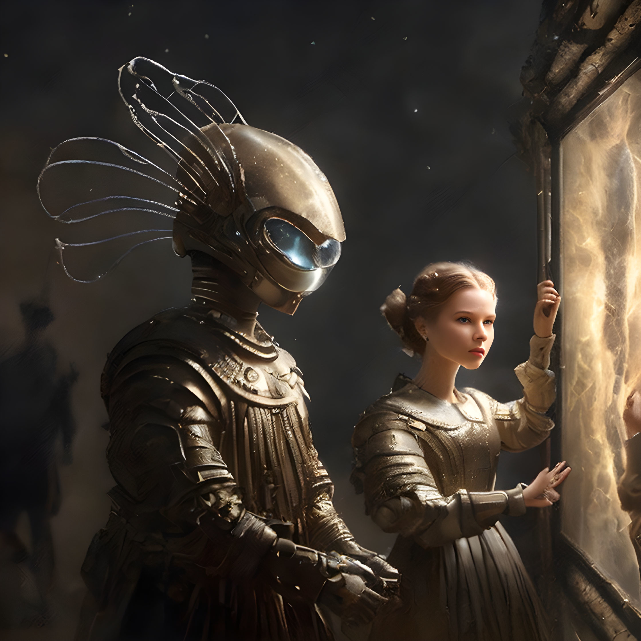 Intricate humanoid robot and girl admire luminous structure in starry setting