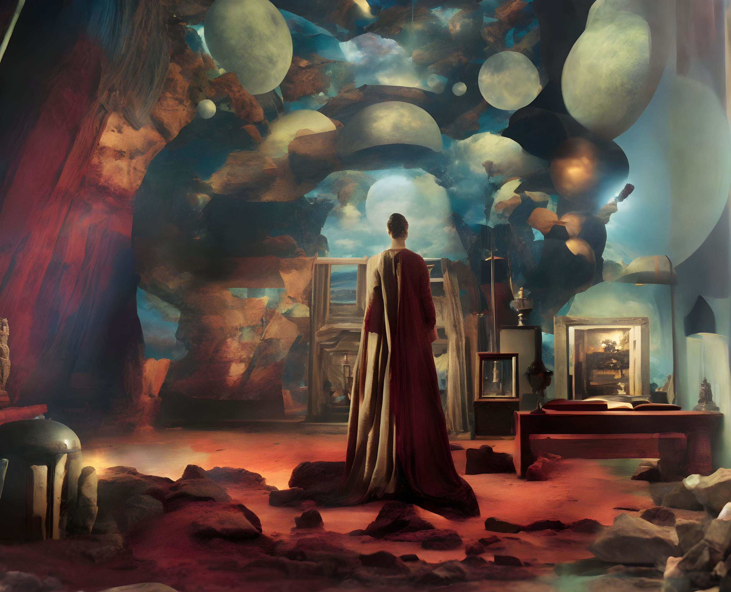 Person in cloak in surreal room with floating orbs, rocks, vintage furniture