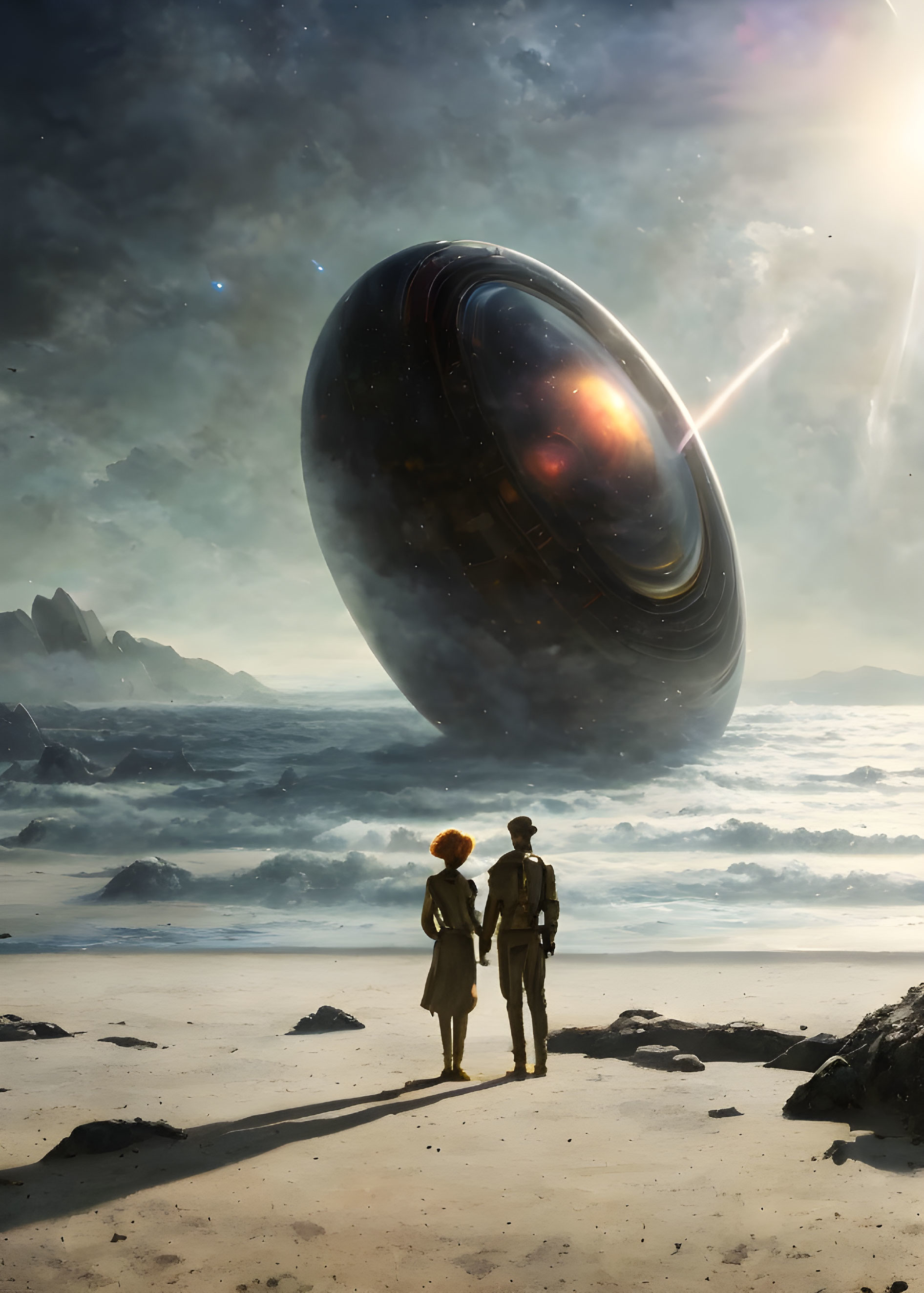 Two individuals observe a large celestial object above an alien beach with crashing waves and cloudy sky.