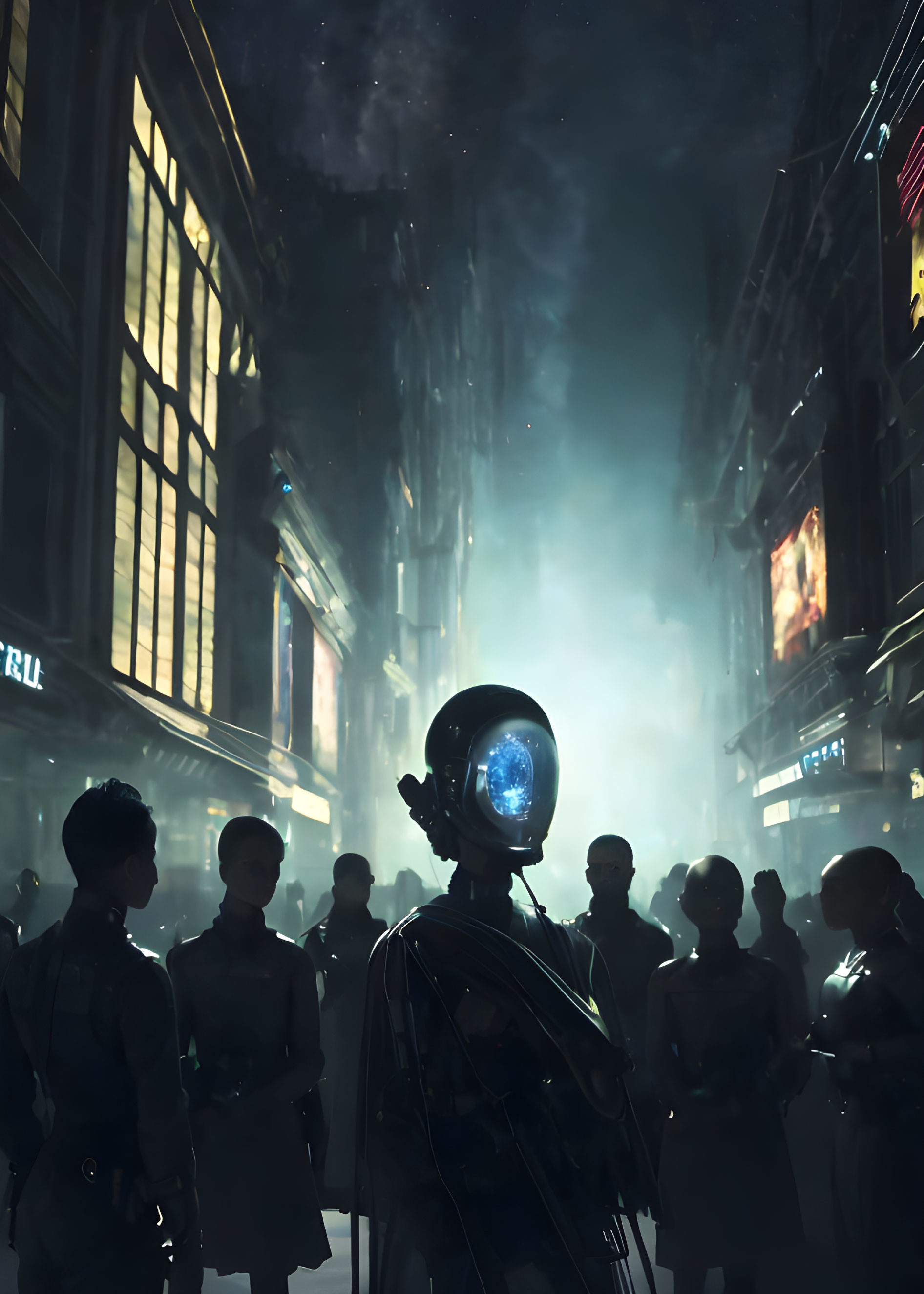 Futuristic robot with glowing blue head in neon-lit alley