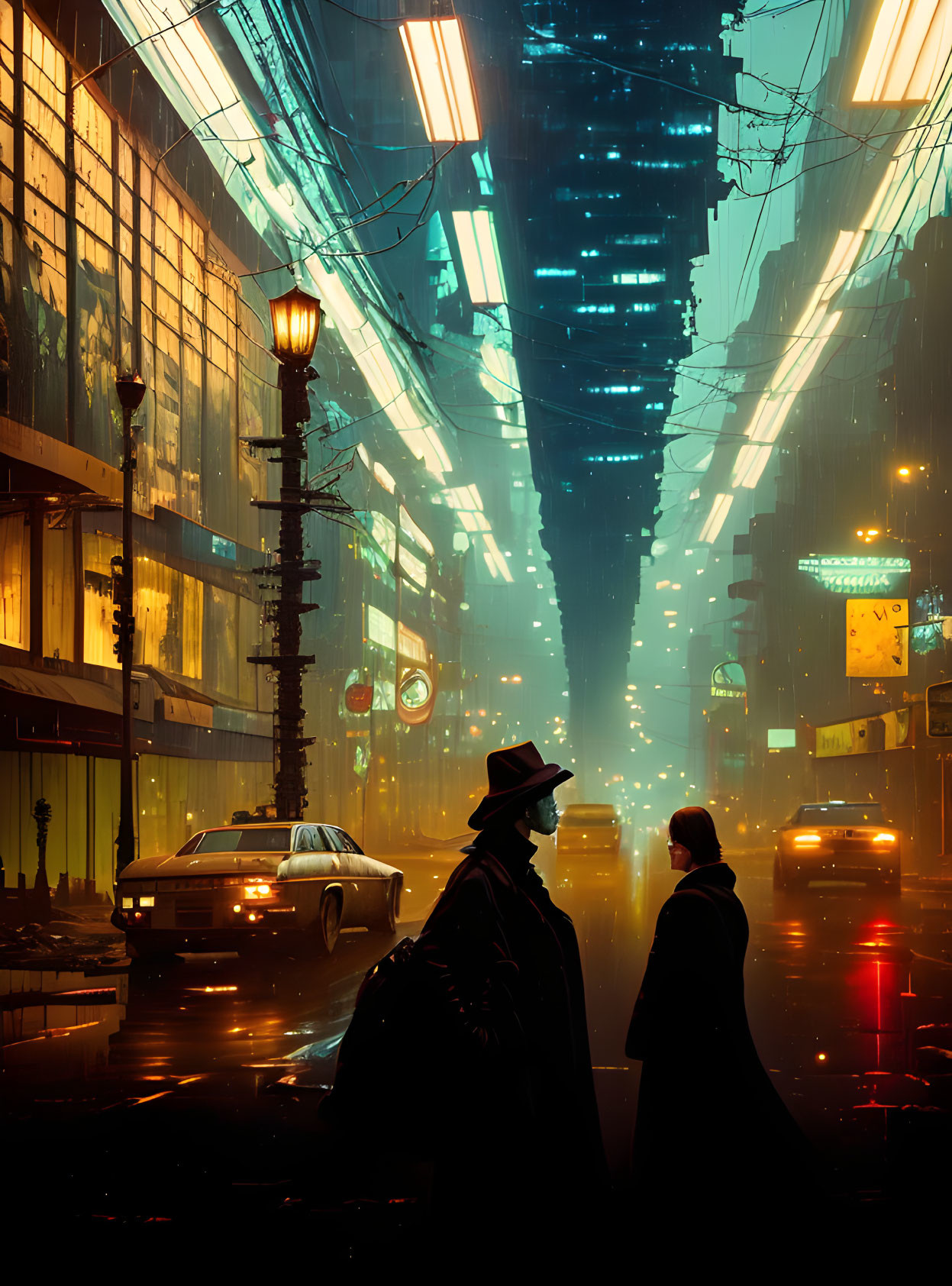 Silhouetted individuals in neon-lit futuristic cityscape with vintage car.