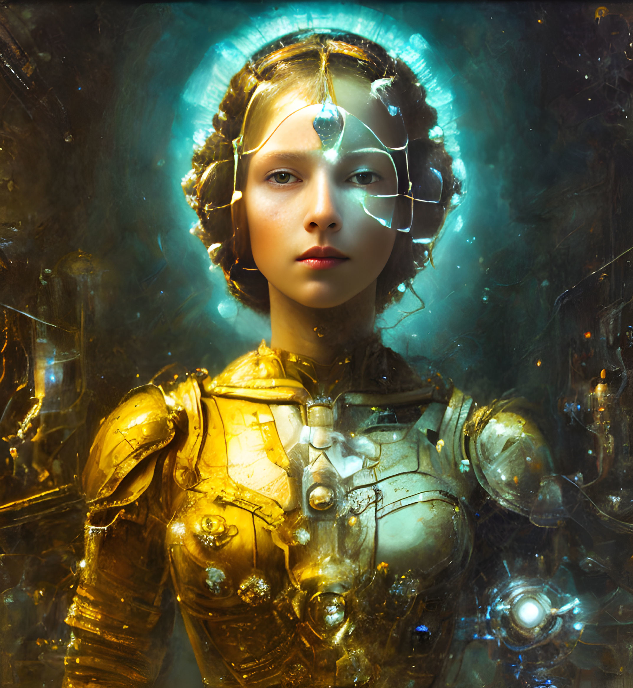 Portrait of woman in gold armor with radiant halo against bokeh background