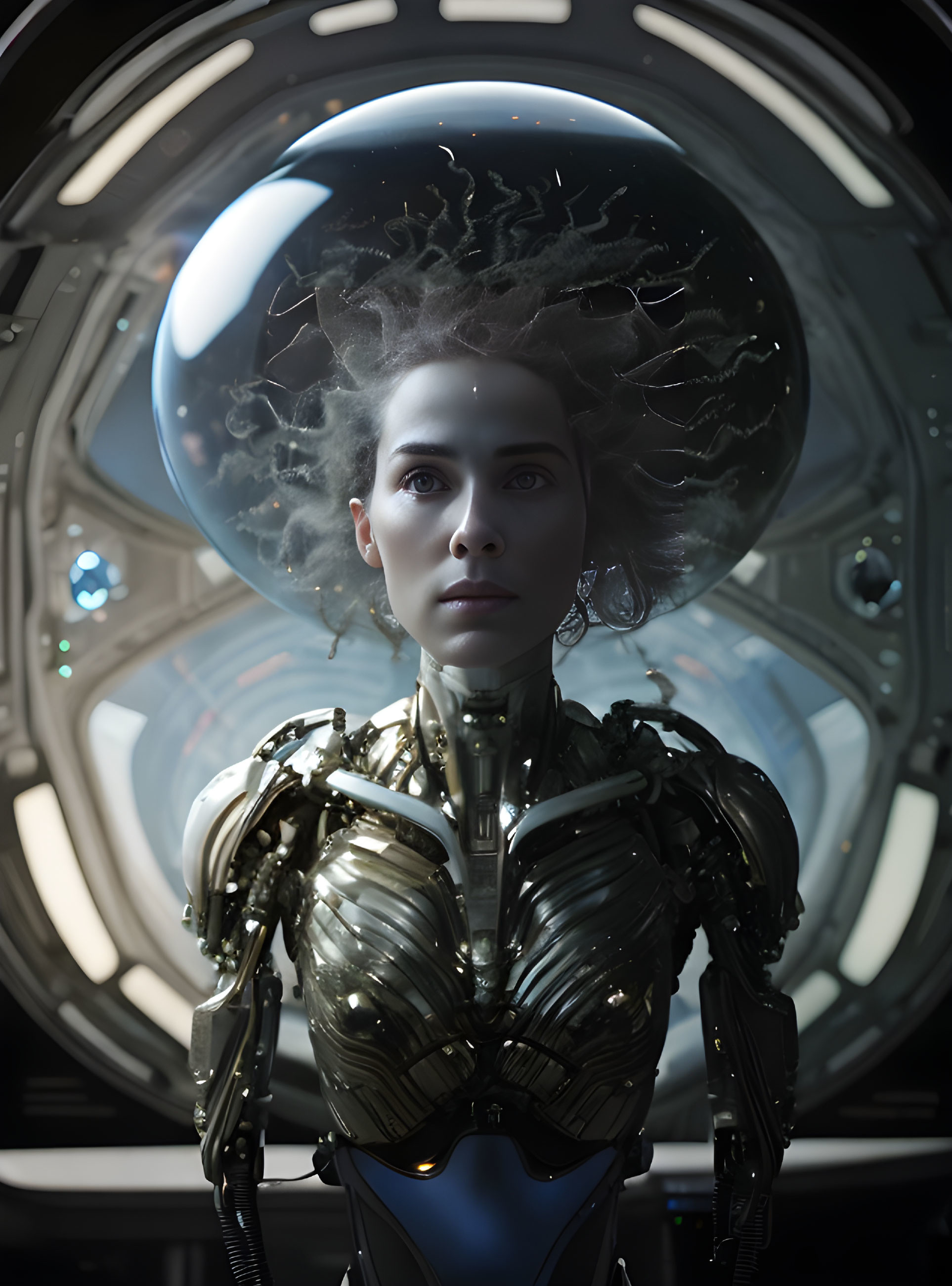 Transparent Cranium Female Android with Brain Structure in Space Station Scene