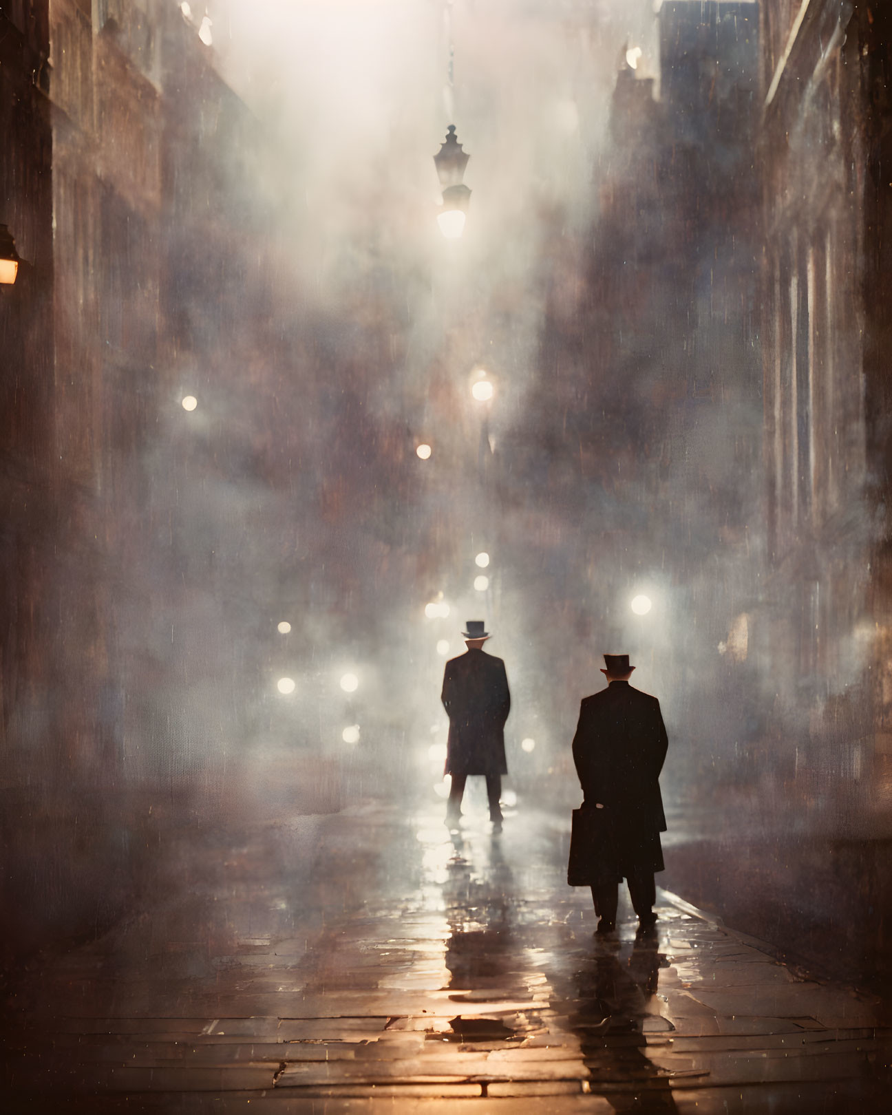 Silhouetted figures walking on foggy, lamplit street with reflections.