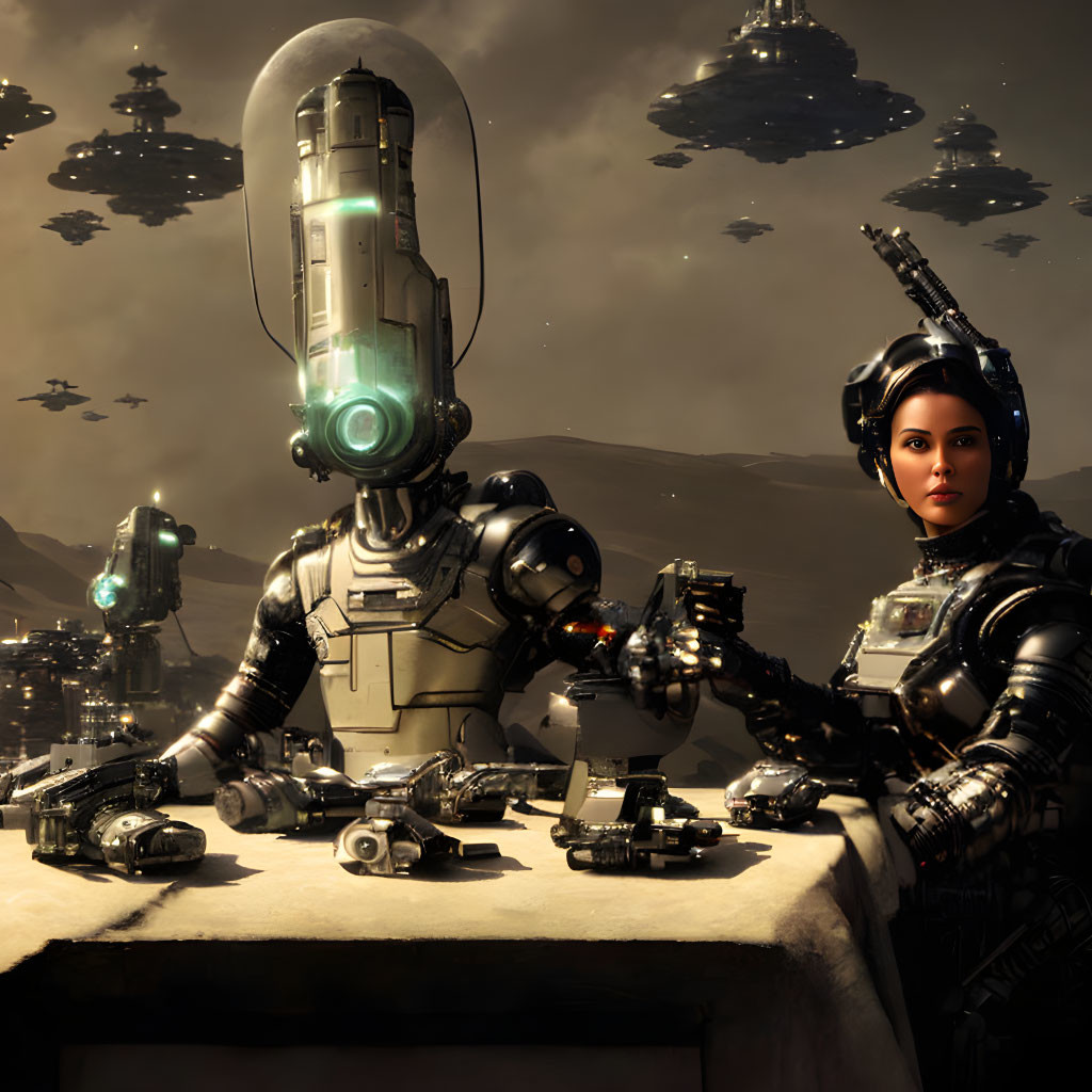 Futuristic armor woman with robots in dystopian cityscape