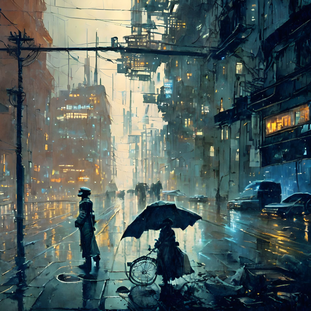 Futuristic city street in rain with person, umbrella, neon signs