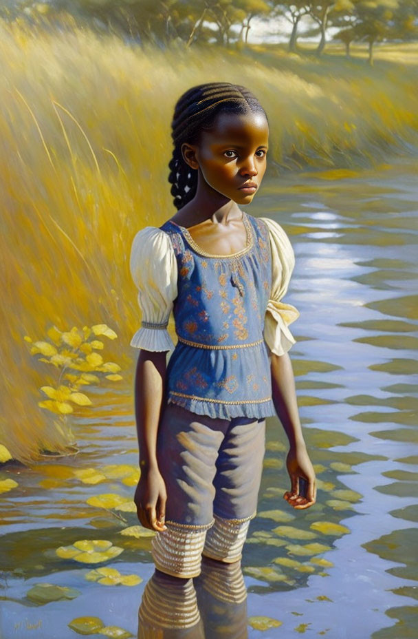 Young girl in sunlit field with tall golden grasses, blue and white outfit.