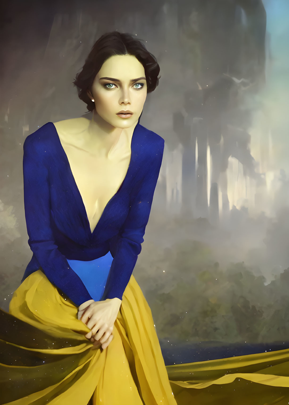 Digital portrait of a woman with blue eyes in blue top and yellow skirt against misty waterfall backdrop