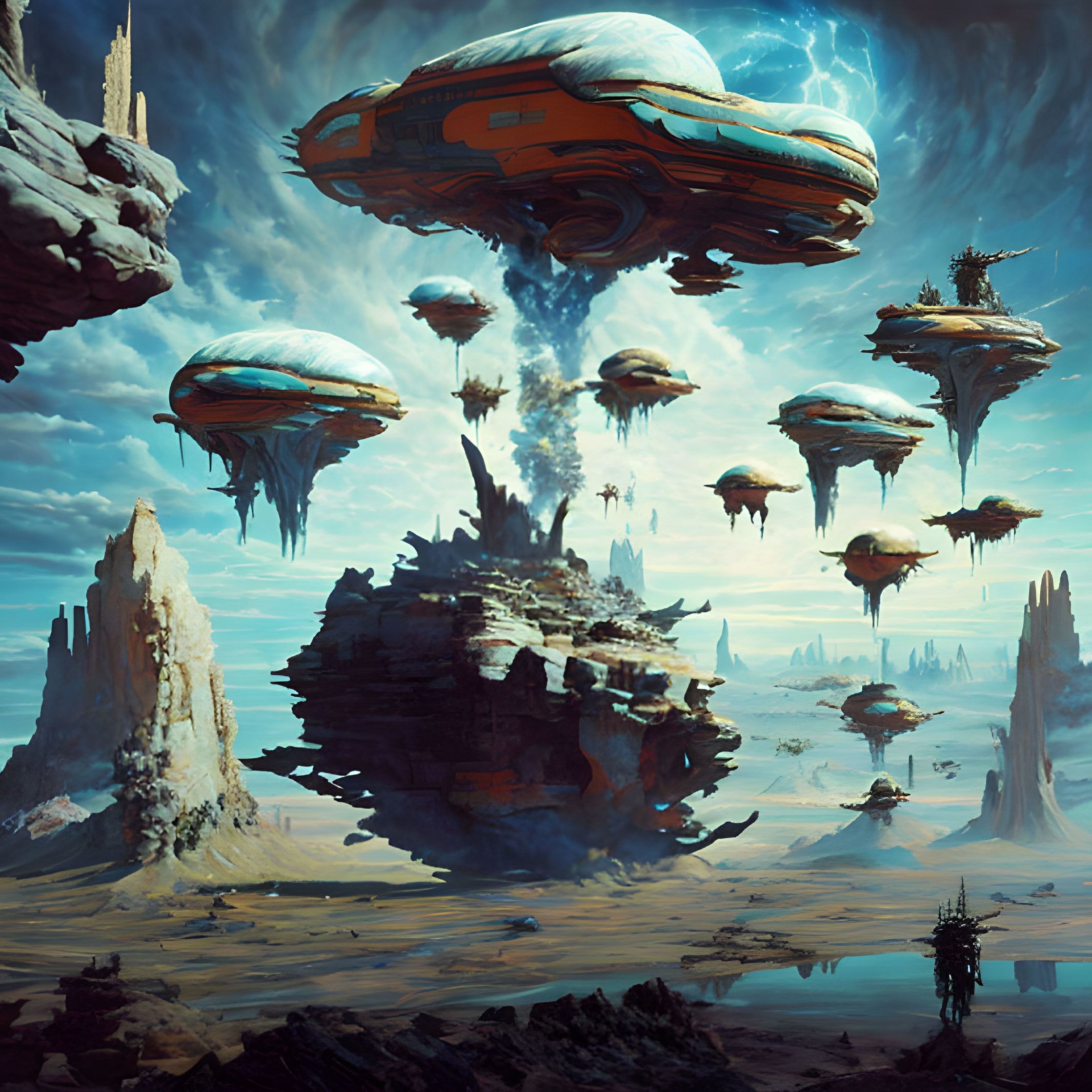 Surreal sci-fi landscape with floating rock formations and futuristic cities