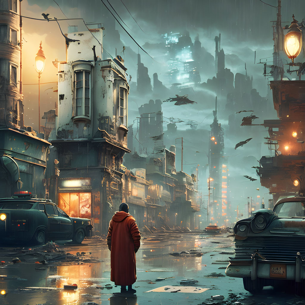 Person in red cloak in rainy dystopian city with retro-futuristic cars and flying vehicles