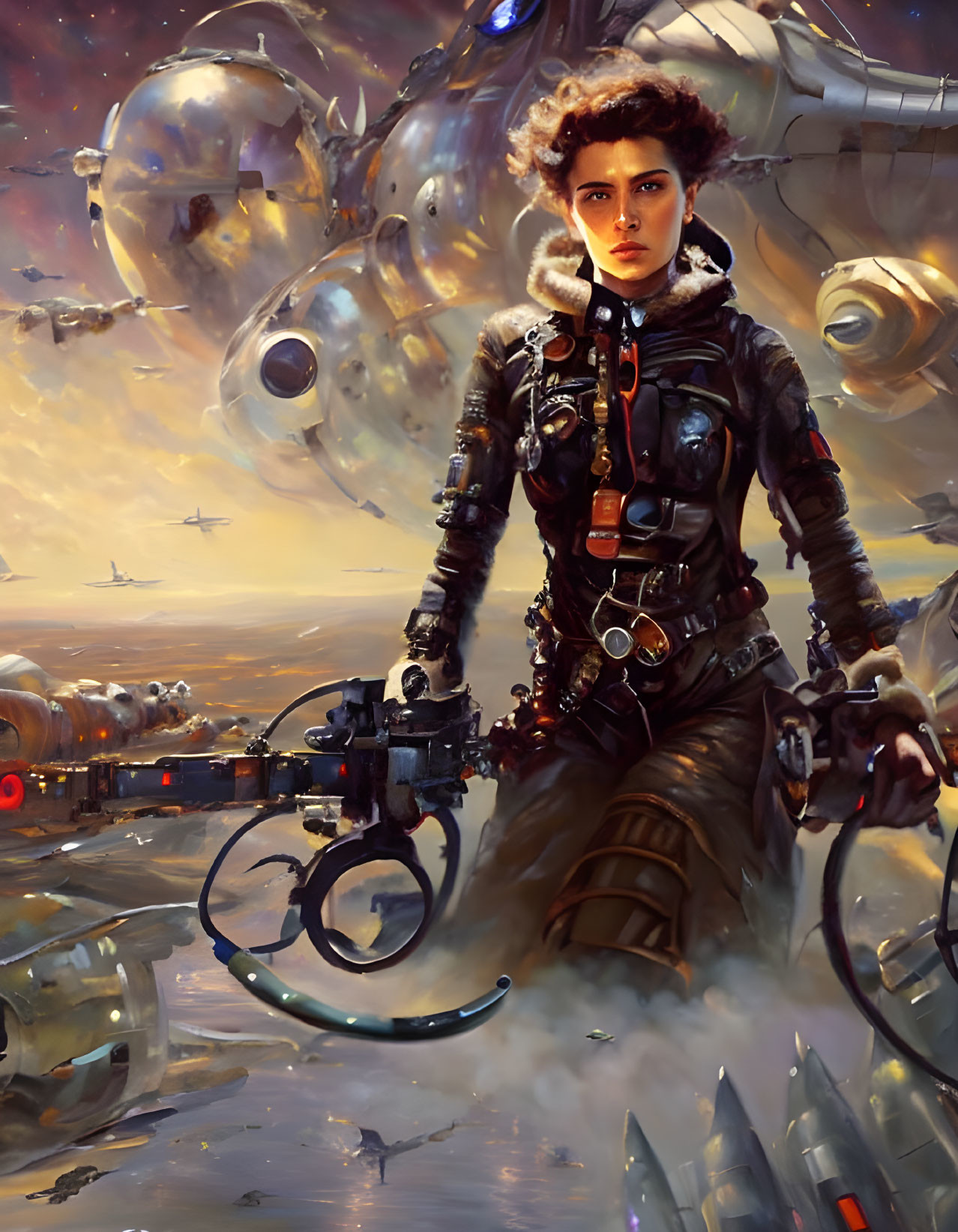 Futuristic pilot in chaotic sky with space ships and debris