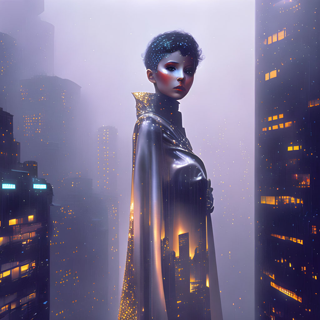 Futuristic woman with blue hair in urban setting with misty ambiance