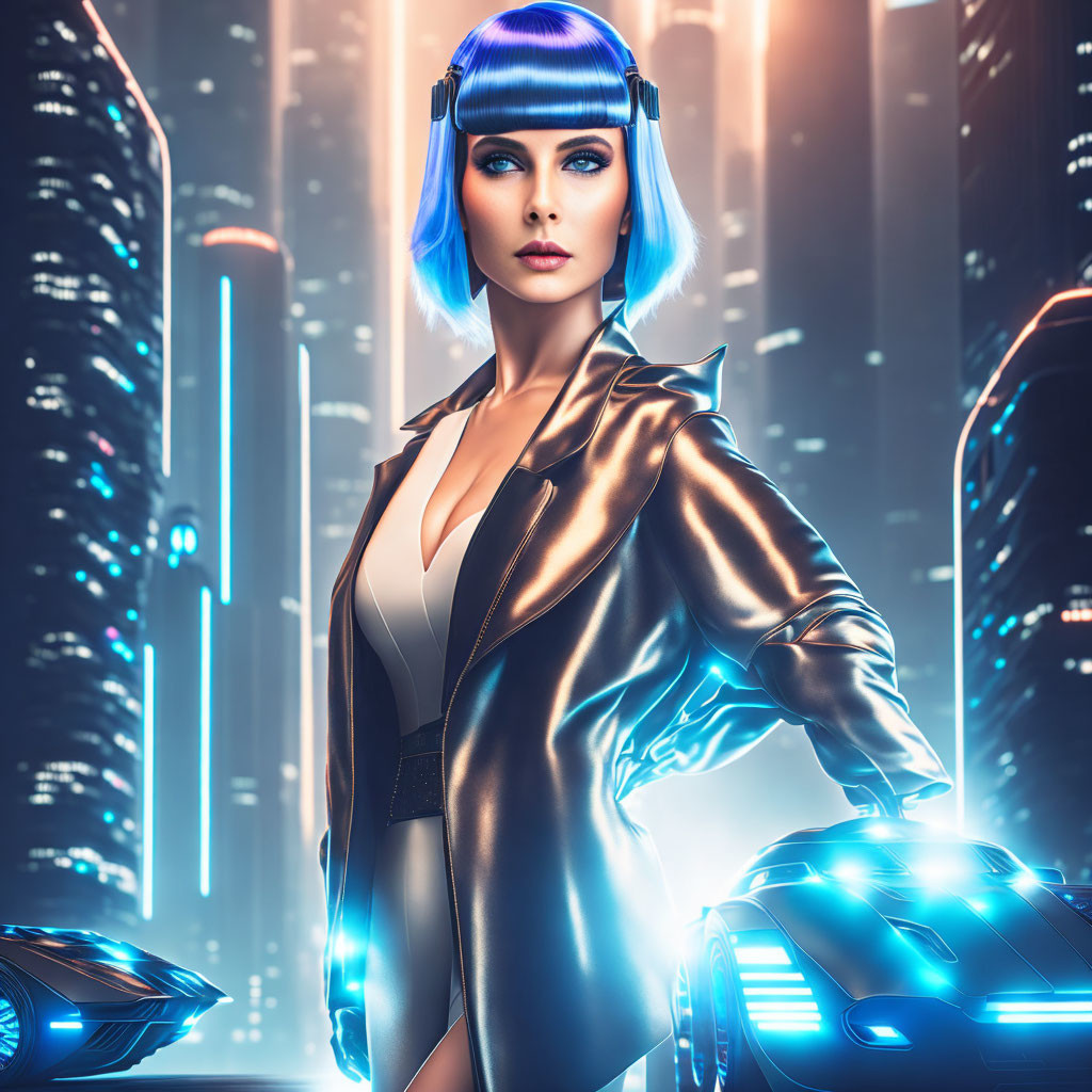 Futuristic woman with blue hair in VR headset in neon-lit city